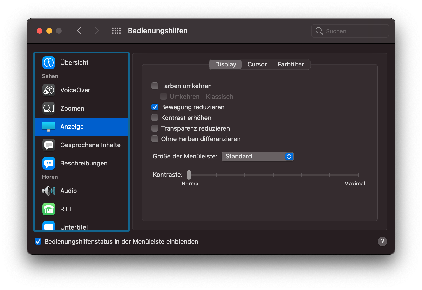 Bewegung reduzieren Screenshot der Mac OS Einstellungen für Barrierefreiheit mit dem Kontrollfeld »Reduzierte Bewegung«.