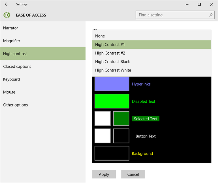 Windows High contrast settings