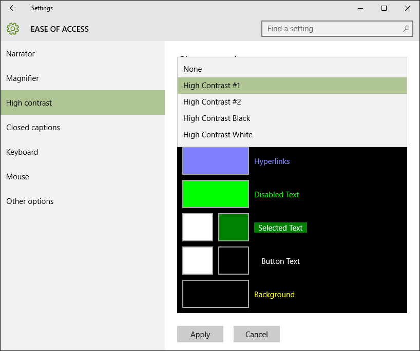 Windows High contrast settings